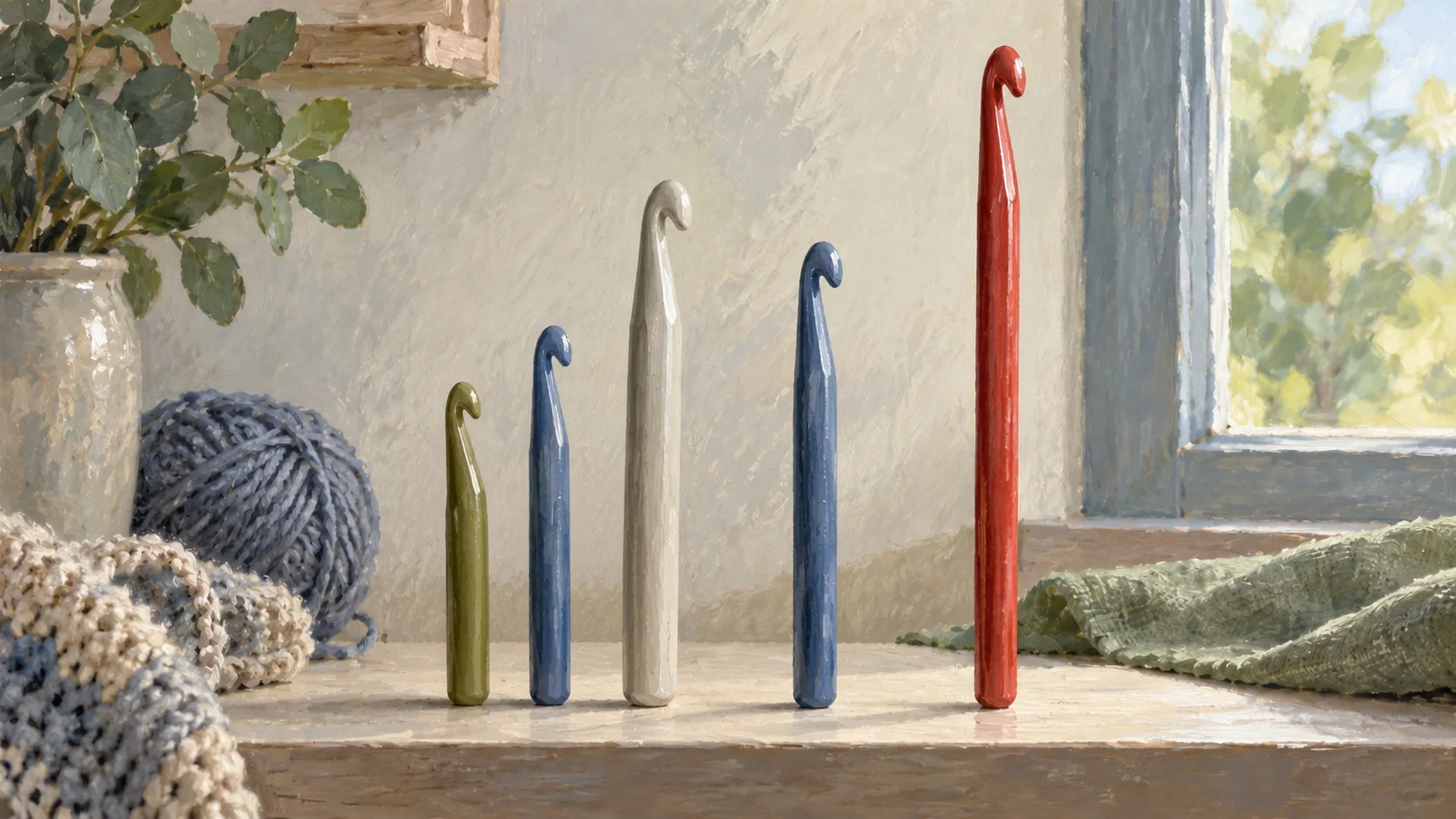 Five crochet hooks in olive, blue, cream, blue and red stand in a row, with the red hook tallest