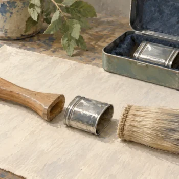 Separated brush parts with a spare metal ferrule protected in a small tin