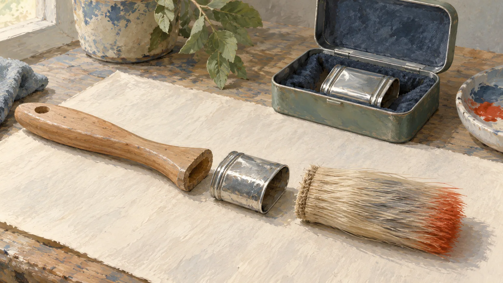 Separated brush parts with a spare metal ferrule protected in a small tin