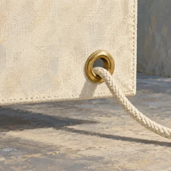 A cord passes through one reinforced brass opening in an intact canvas panel