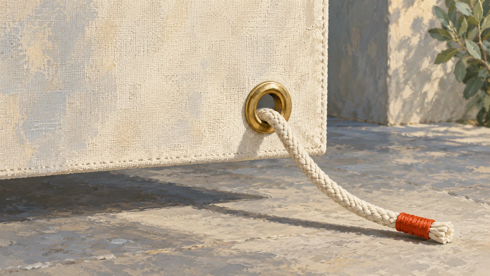 A cord passes through one reinforced brass opening in an intact canvas panel