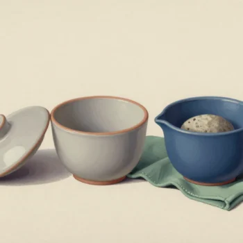 A detached ceramic lid beside an empty pale cup and a blue cup holding a stone on sage cloth.