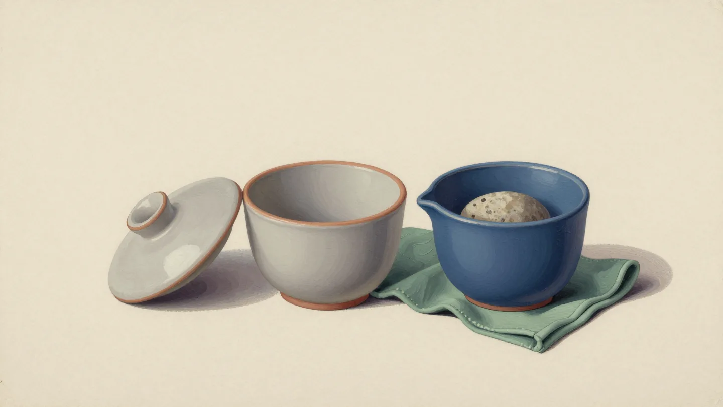 A detached ceramic lid beside an empty pale cup and a blue cup holding a stone on sage cloth.