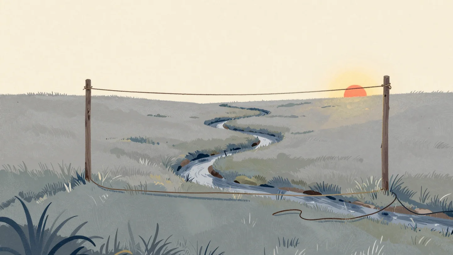 Gouache painting: two wooden posts stand at opposite ends of a meadow