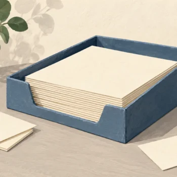 Gouache painting of a stack of blank cards and an open document tray, representing a set of rows.