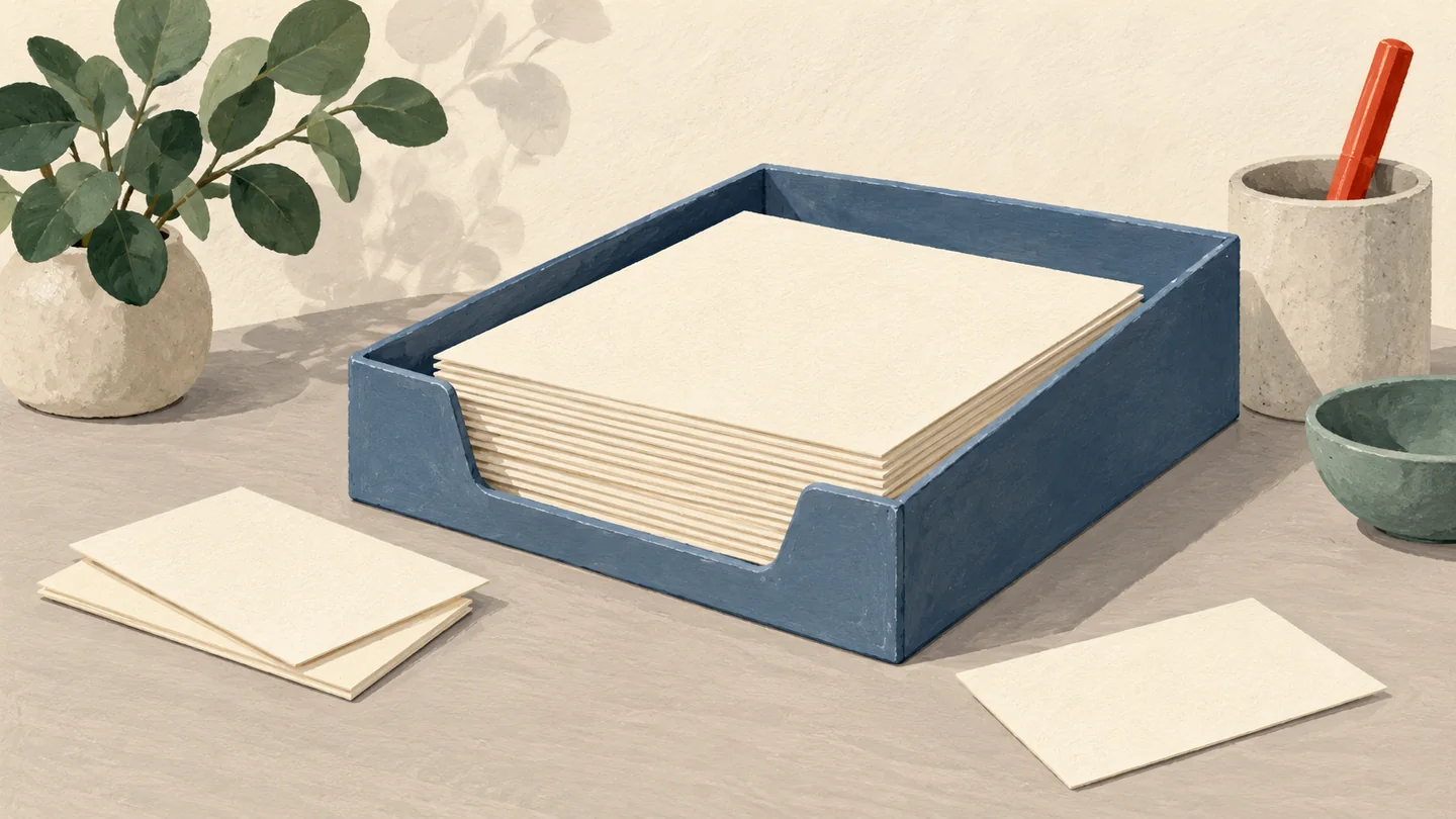 Gouache painting of a stack of blank cards and an open document tray, representing a set of rows.