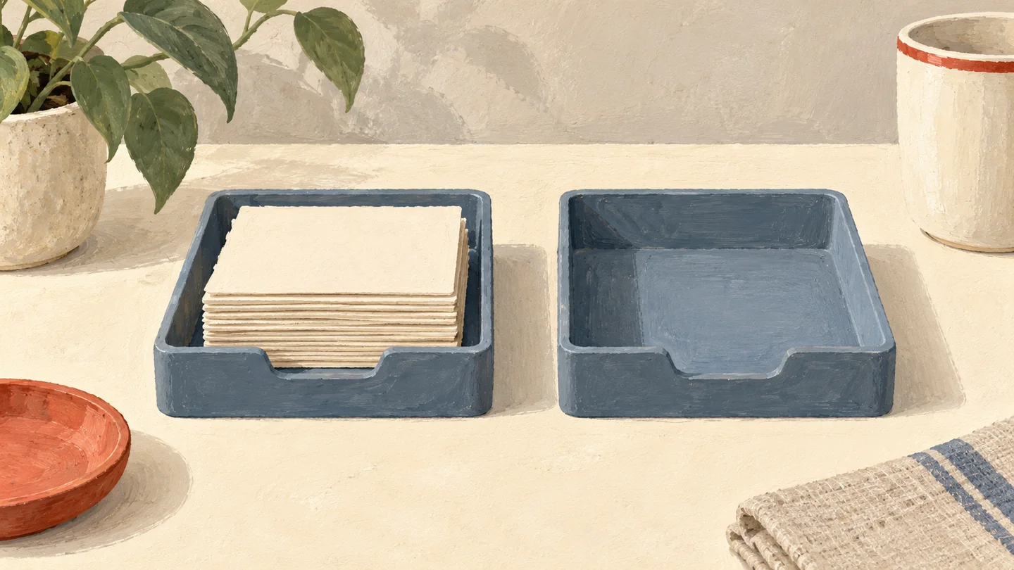 Gouache painting of blank cards grouped together in a sorting tray, illustrating a set of rows.
