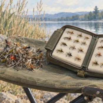 Tangled fishing flies lie beside matching flies secured individually in a foam fly wallet
