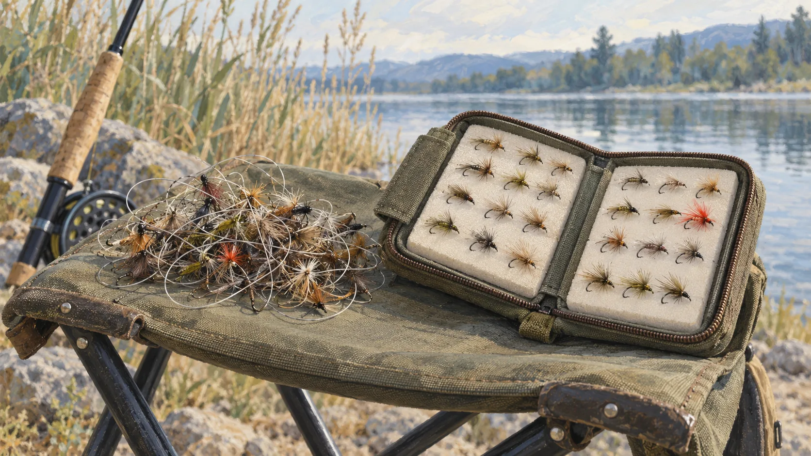 Tangled fishing flies lie beside matching flies secured individually in a foam fly wallet