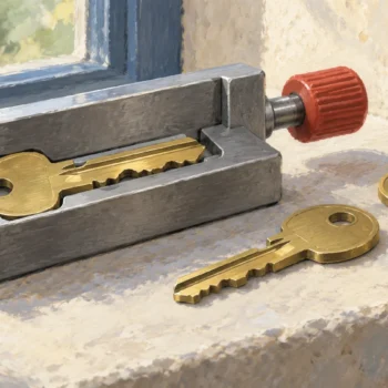 One brass key blank fits a precise profile jig while a similar blank with a different ridge rests outside