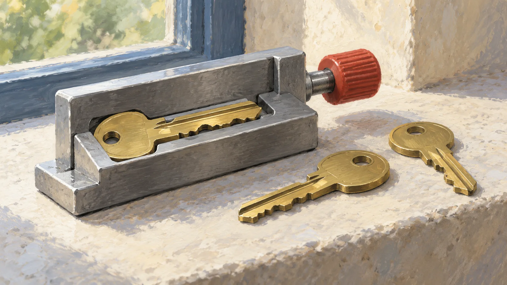 One brass key blank fits a precise profile jig while a similar blank with a different ridge rests outside