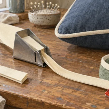 One bias tape maker supplies two sewing projects, with an unused cut section left aside