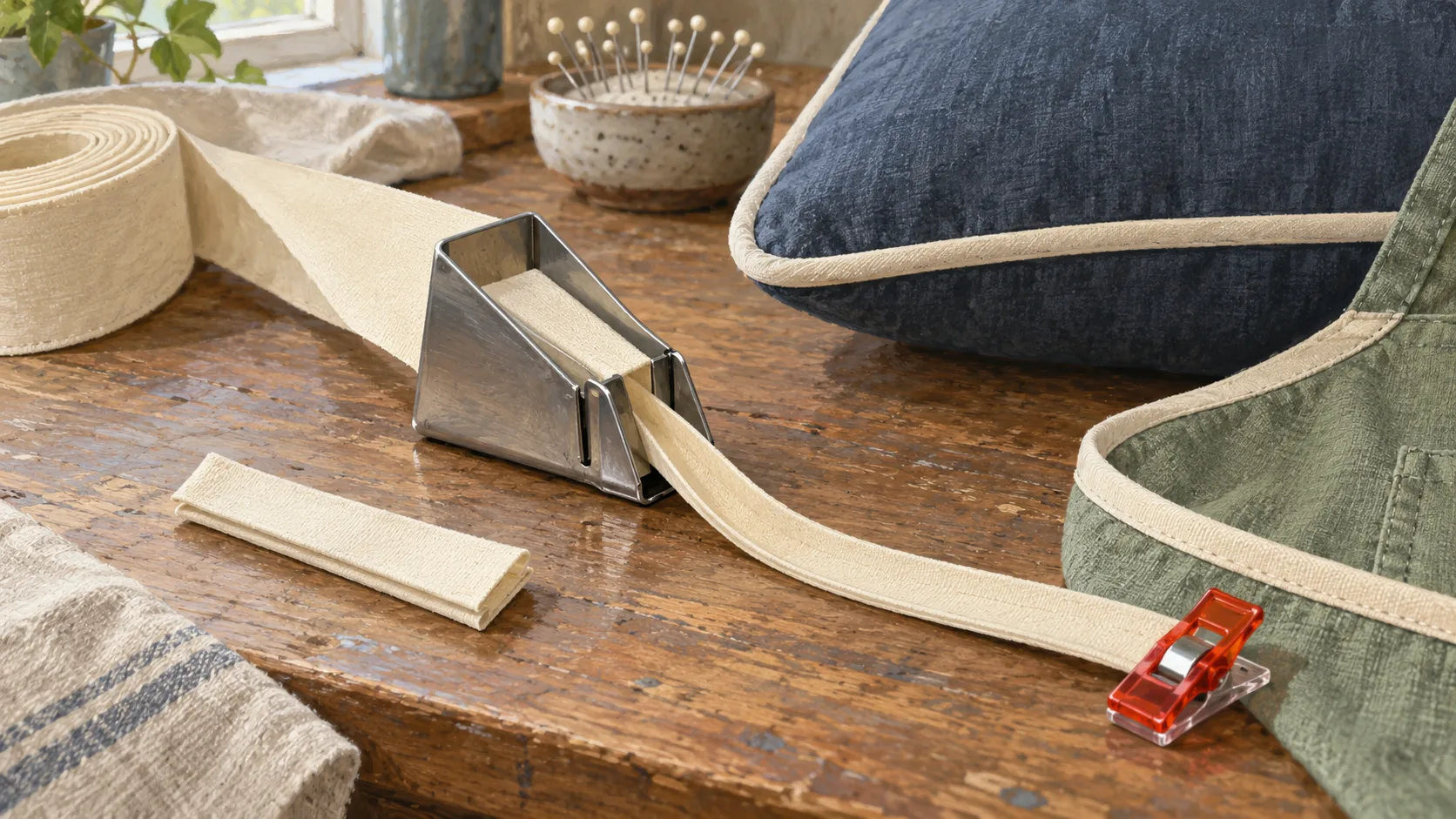 One bias tape maker supplies two sewing projects, with an unused cut section left aside