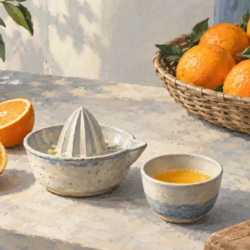 A citrus reamer and two orange halves beside a basket of untouched whole oranges