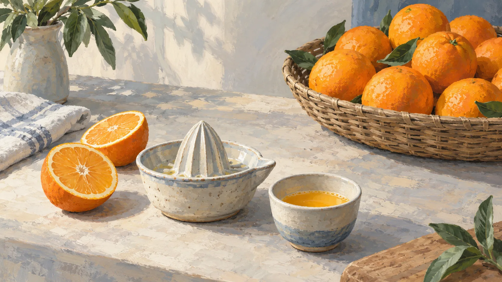 A citrus reamer and two orange halves beside a basket of untouched whole oranges