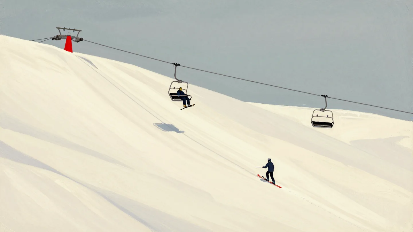 A skier riding a chairlift while a groomer prepares the slope below