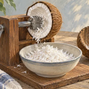 A coconut scraper extracts white shreds from a shell into a ceramic bowl