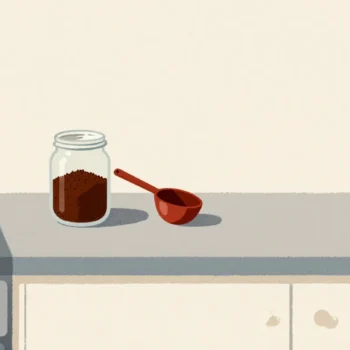 A jar of ground coffee with a red scoop, the hand grinder unused behind it