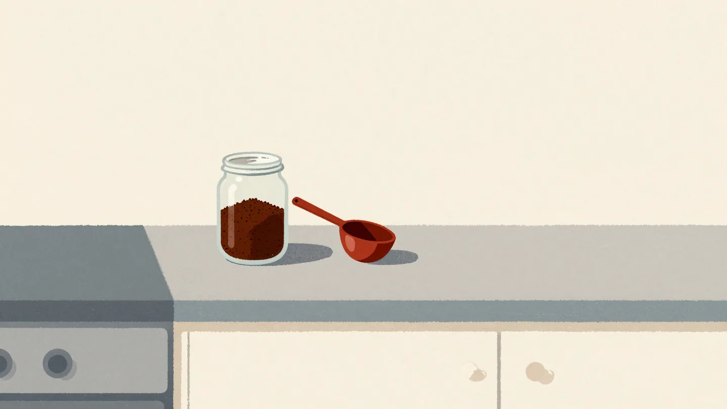 A jar of ground coffee with a red scoop, the hand grinder unused behind it