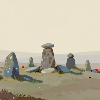 A line of stone cairns crossing a misty moor, the nearest one half built with loose stones beside it.