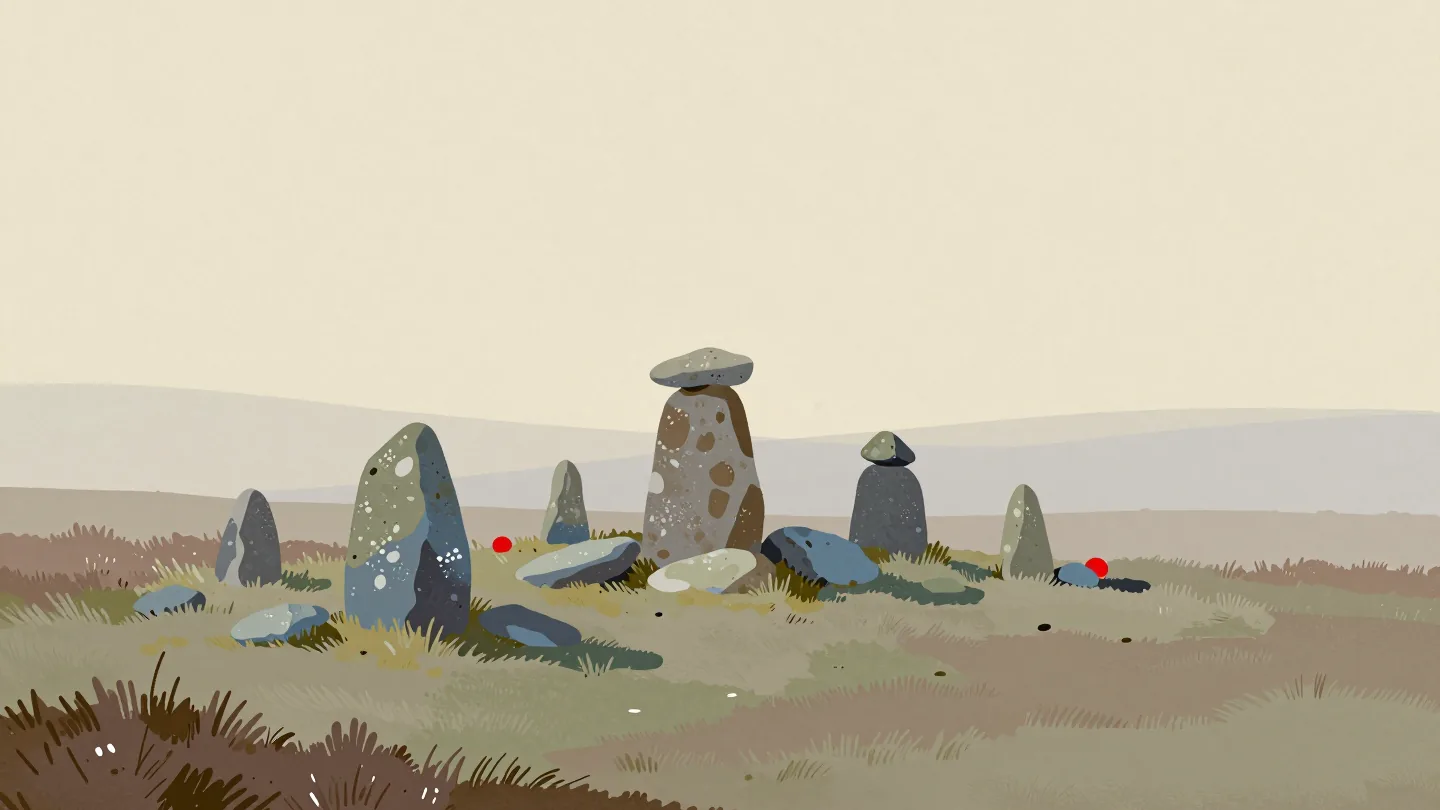 A line of stone cairns crossing a misty moor, the nearest one half built with loose stones beside it.