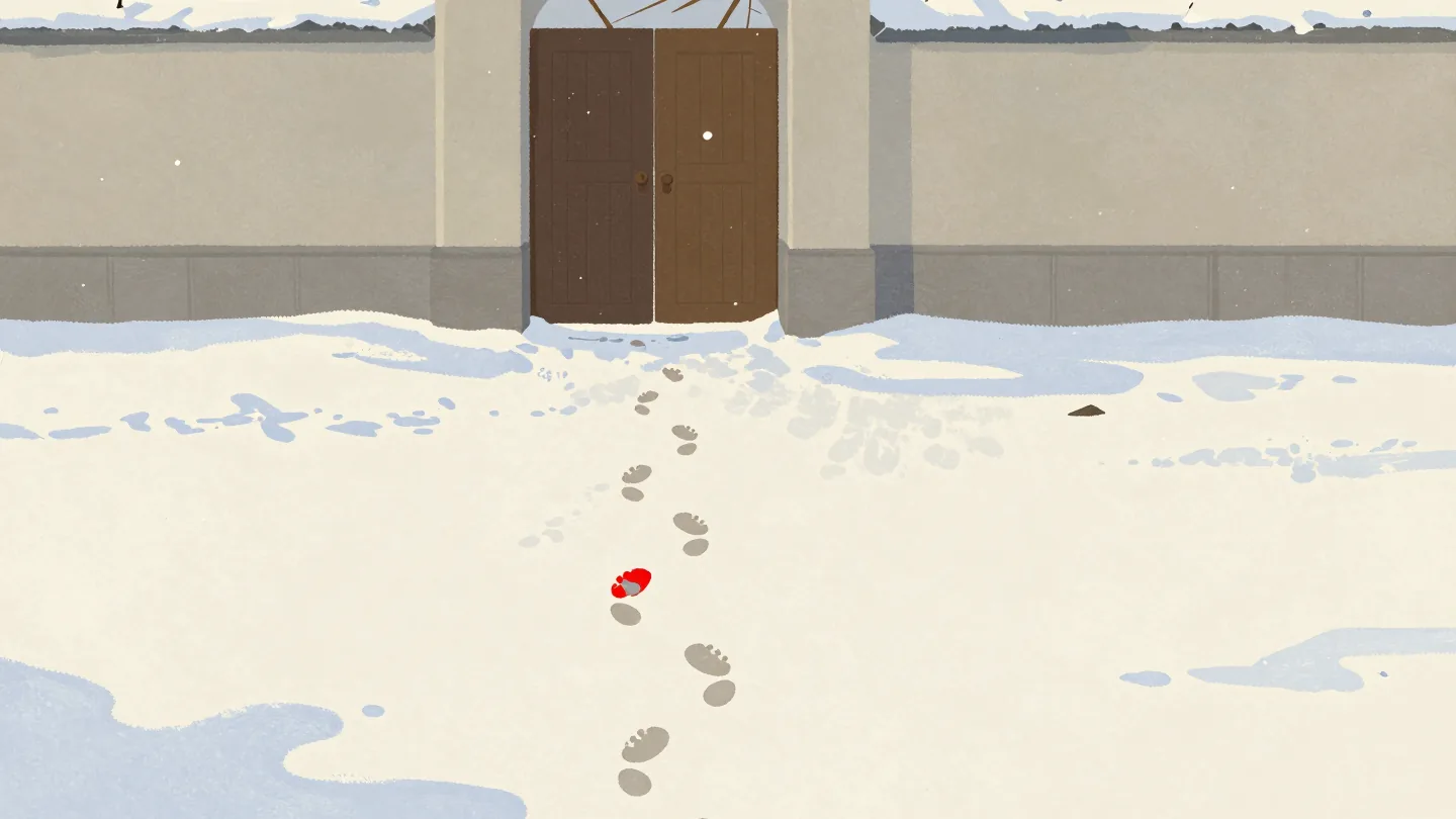 A line of footprints in fresh snow crossing a courtyard to a closed door, with no one in sight.