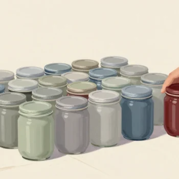 Rows of filled jam jars on a farmhouse table, one hand twisting on a lid, one jar at a time.