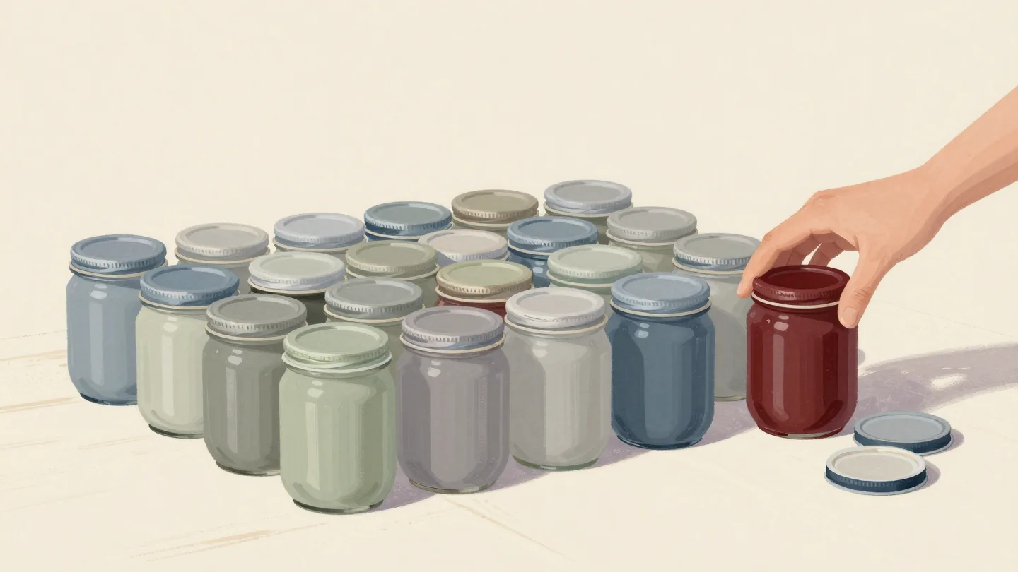 Rows of filled jam jars on a farmhouse table, one hand twisting on a lid, one jar at a time.