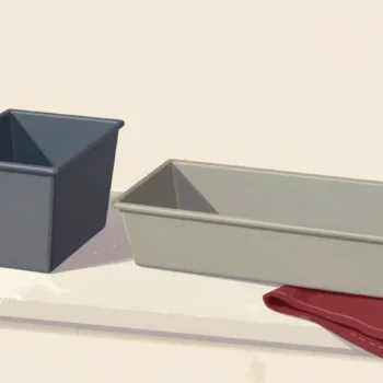 Two empty baking tins on a floured bench, a deep square one and a long shallow one, a hand reaching for the long tin.