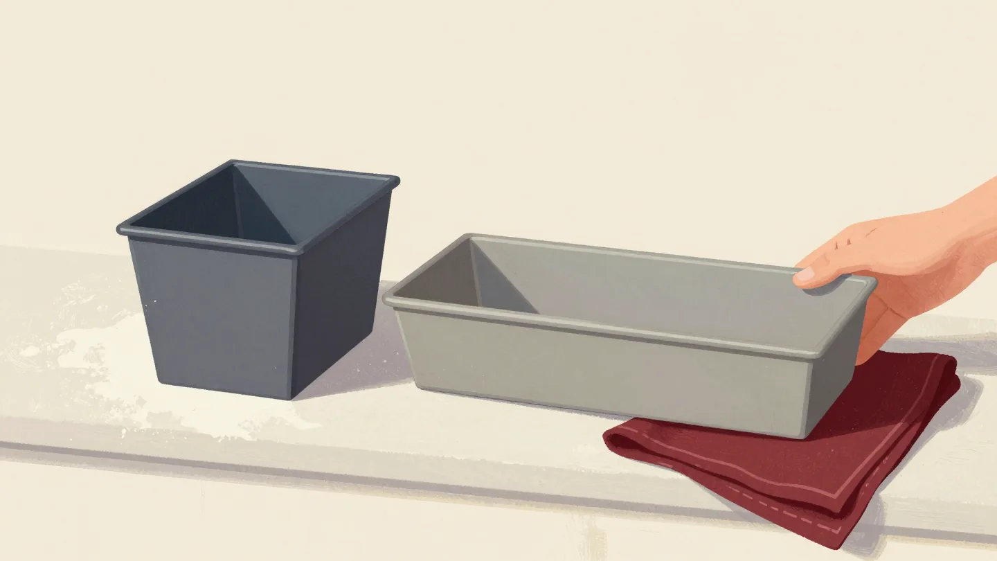 Two empty baking tins on a floured bench, a deep square one and a long shallow one, a hand reaching for the long tin.