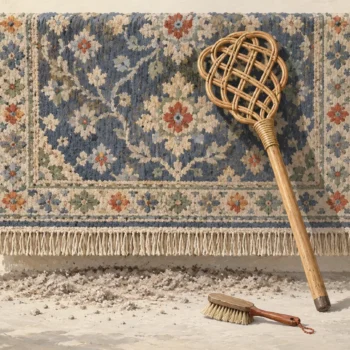 A broad rug beater beside a hanging rug and a much smaller soft brush
