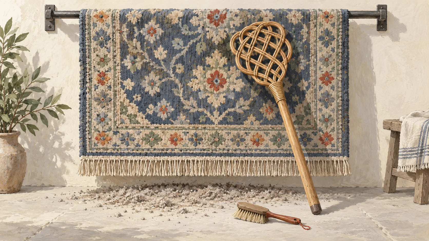 A broad rug beater beside a hanging rug and a much smaller soft brush