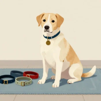 A dog with a plain brass tag on its collar sitting beside a pile of older collars in different colors and sizes.