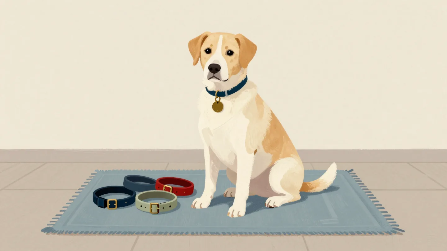 A dog with a plain brass tag on its collar sitting beside a pile of older collars in different colors and sizes.