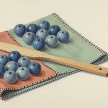 Two groups of blue ceramic beads on terracotta and sage cloths beneath an unmarked wooden tool.