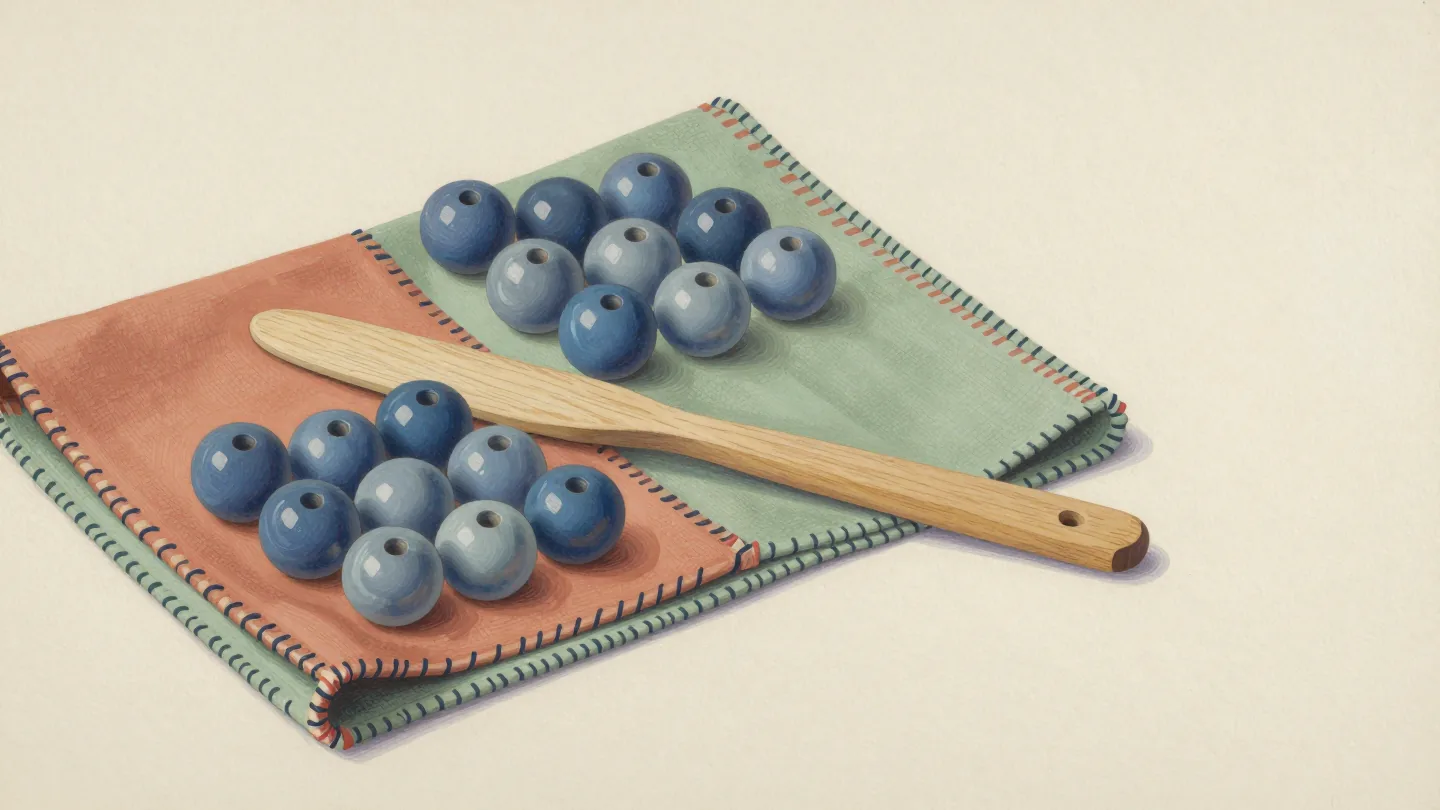 Two groups of blue ceramic beads on terracotta and sage cloths beneath an unmarked wooden tool.