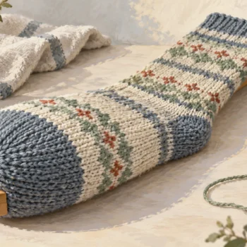 A long sock on a wooden stretcher, with its small toe section drawn forward