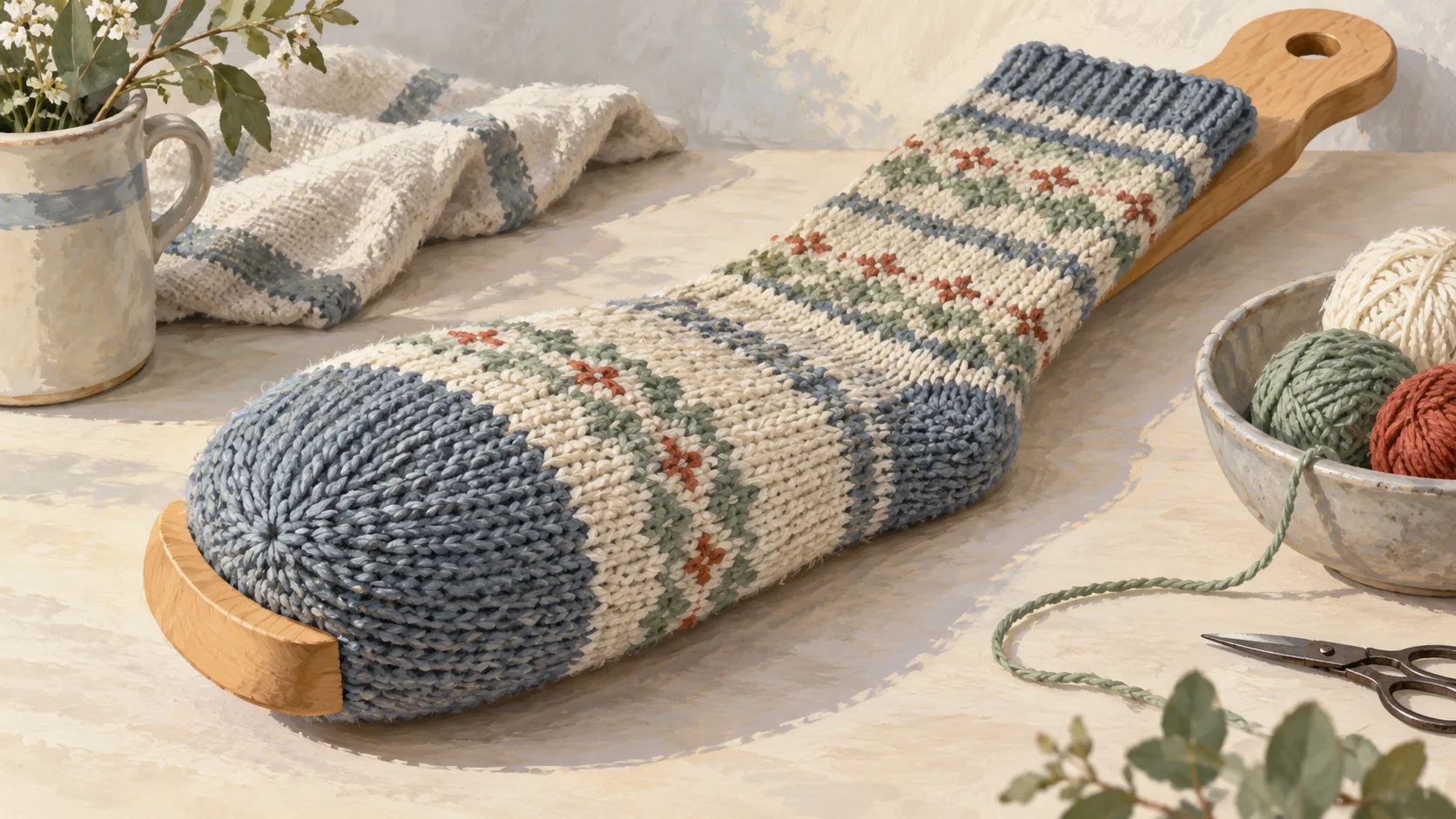 A long sock on a wooden stretcher, with its small toe section drawn forward