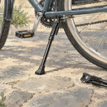 A firmly planted bicycle kickstand supports a bicycle on level stone