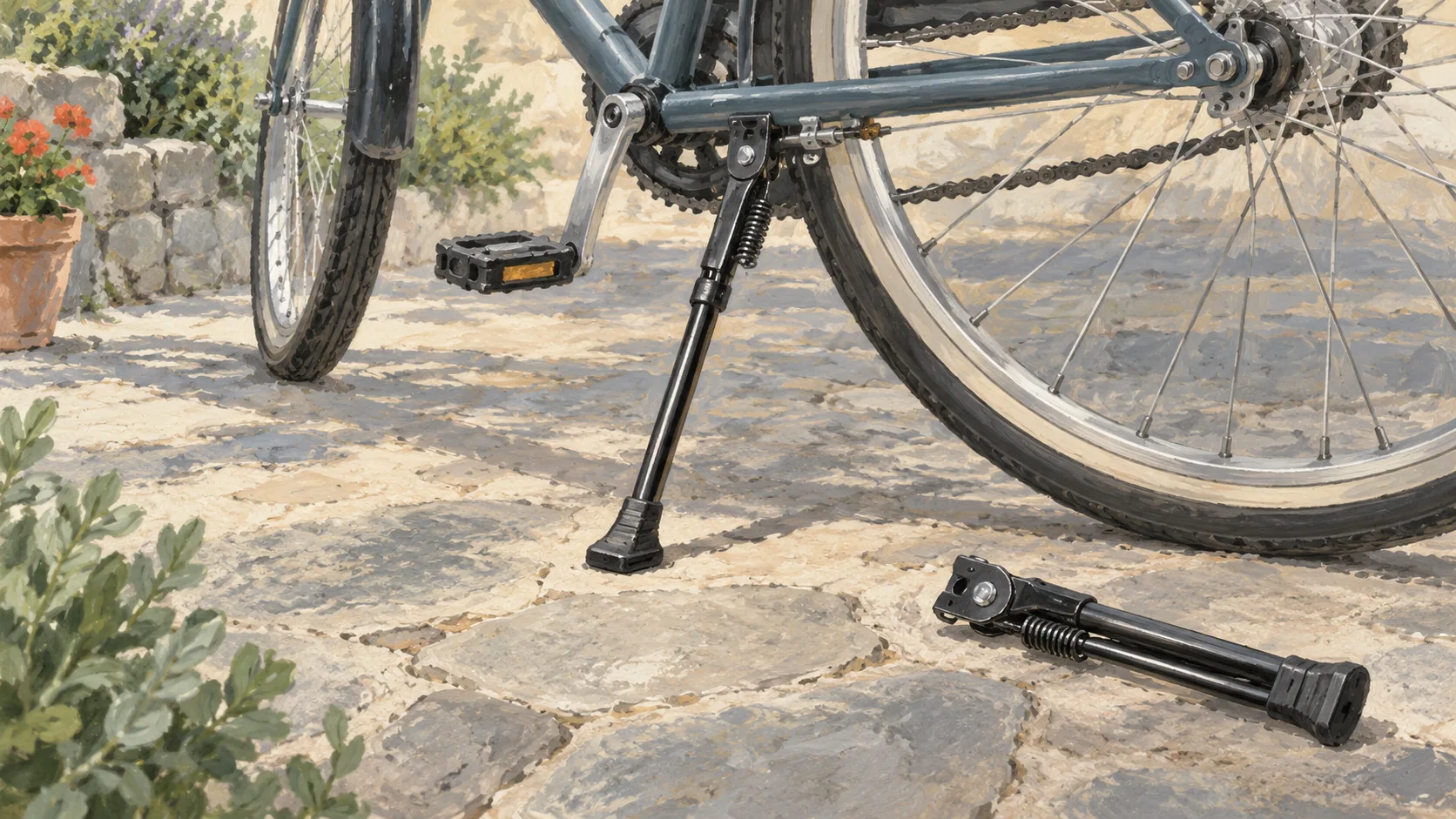 A firmly planted bicycle kickstand supports a bicycle on level stone