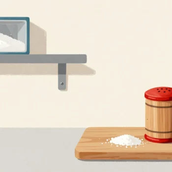 Fingers taking a pinch from a small salt cellar, the large salt box on a high shelf behind