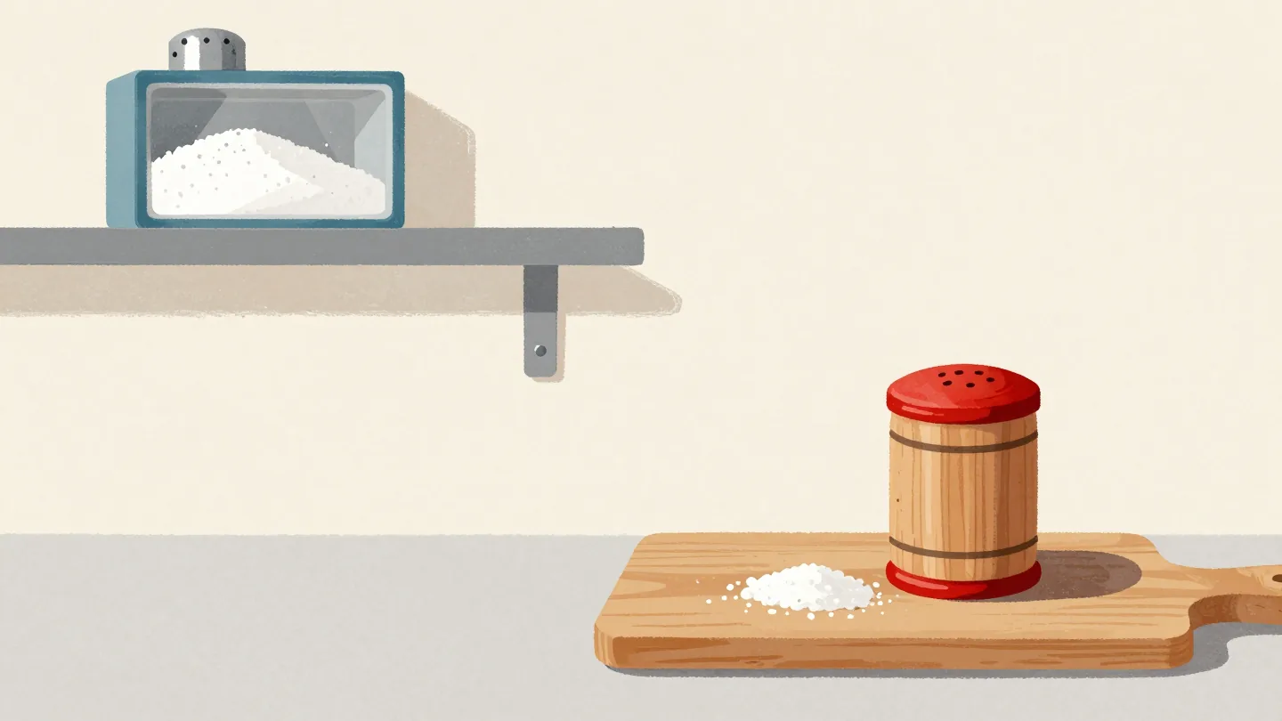 Fingers taking a pinch from a small salt cellar, the large salt box on a high shelf behind