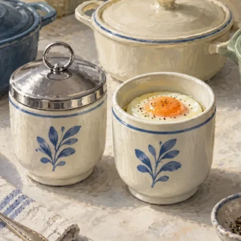 A closed egg coddler with a lifting ring beside an opened matching vessel