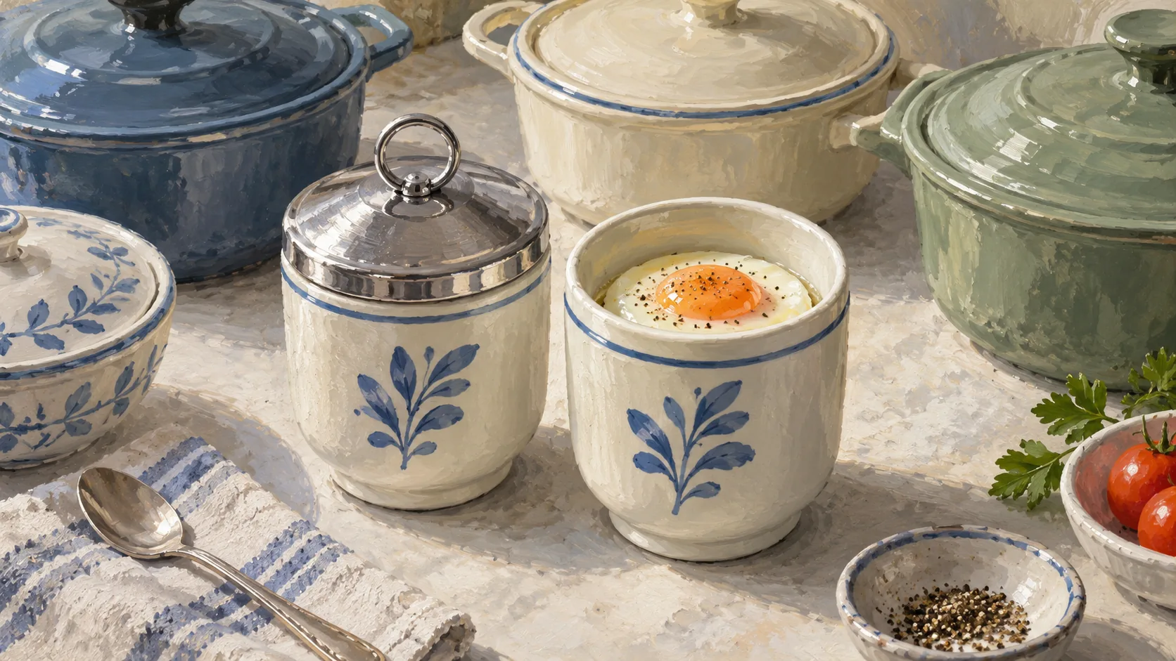 A closed egg coddler with a lifting ring beside an opened matching vessel