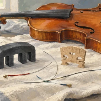 A violin mute, bridge, and string fragments preserved together on soft cloth