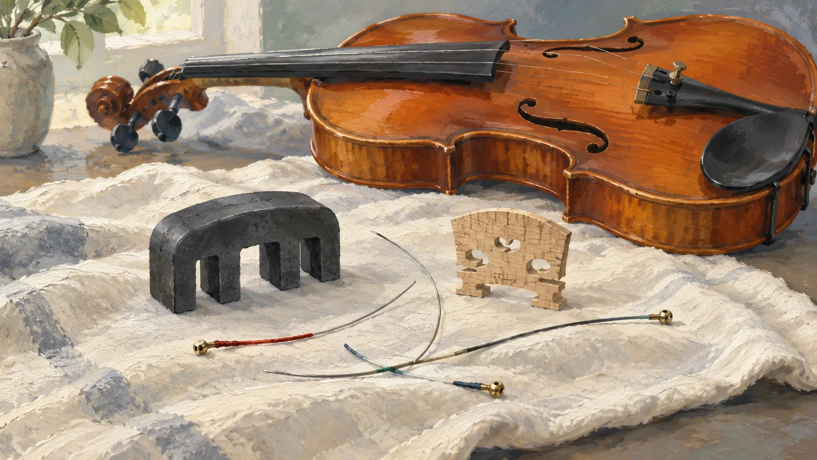 A violin mute, bridge, and string fragments preserved together on soft cloth