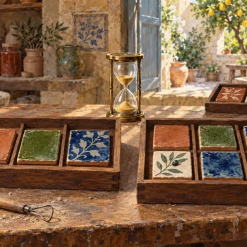 Two compartmented wooden trays hold different selections of ceramic tiles beside a brass hourglass and a smaller sample tray.
