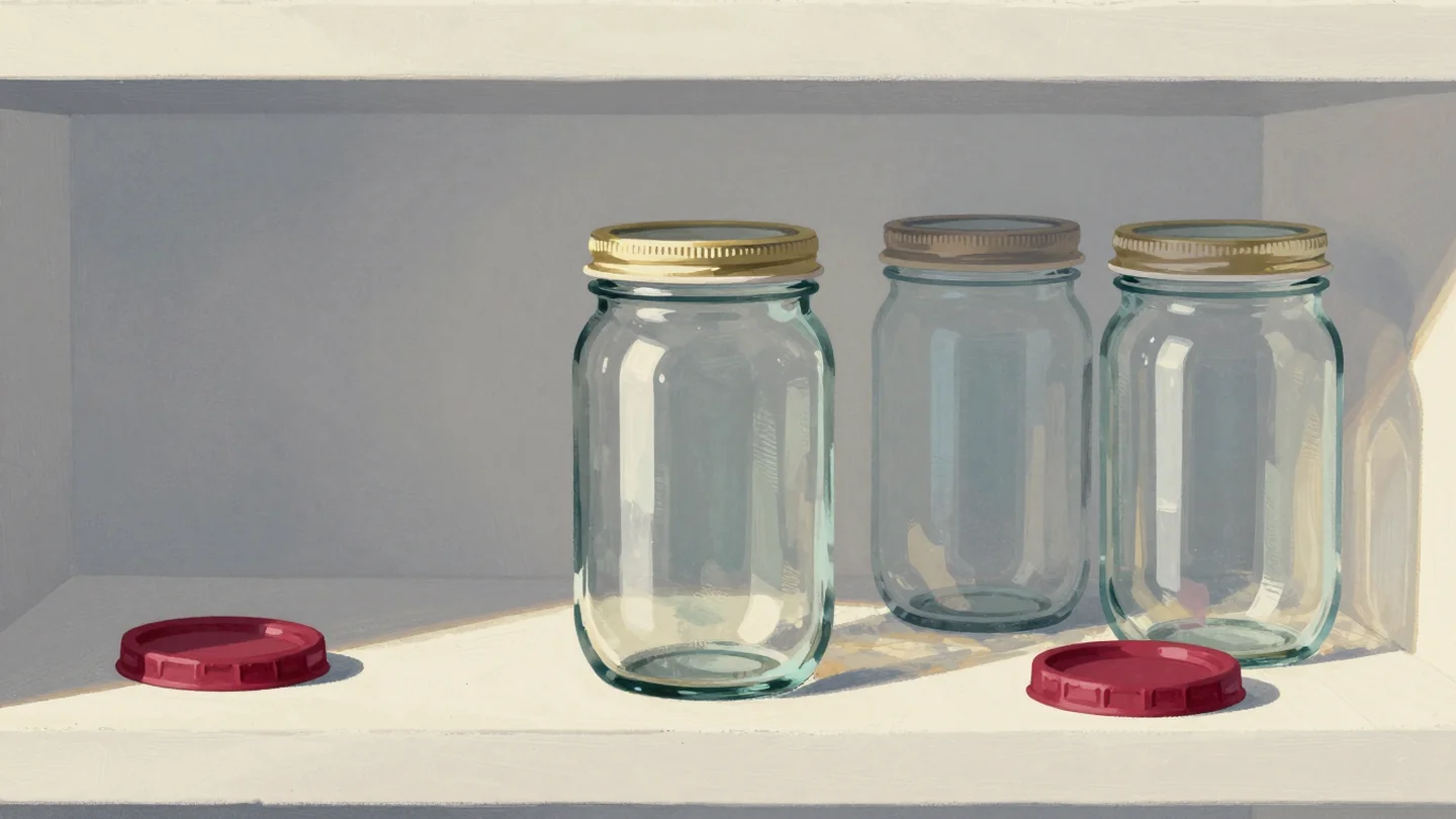 Gouache painting: three glass jars with lids on a pantry shelf and two loose red lids lying beside them