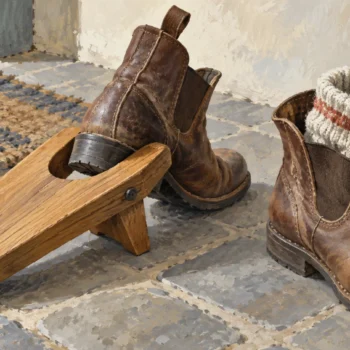 A bootjack beside a compact leather boot and another expanded by a thick wool sock