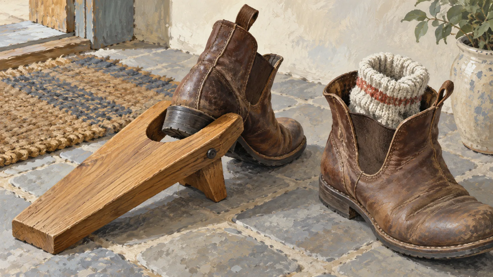A bootjack beside a compact leather boot and another expanded by a thick wool sock